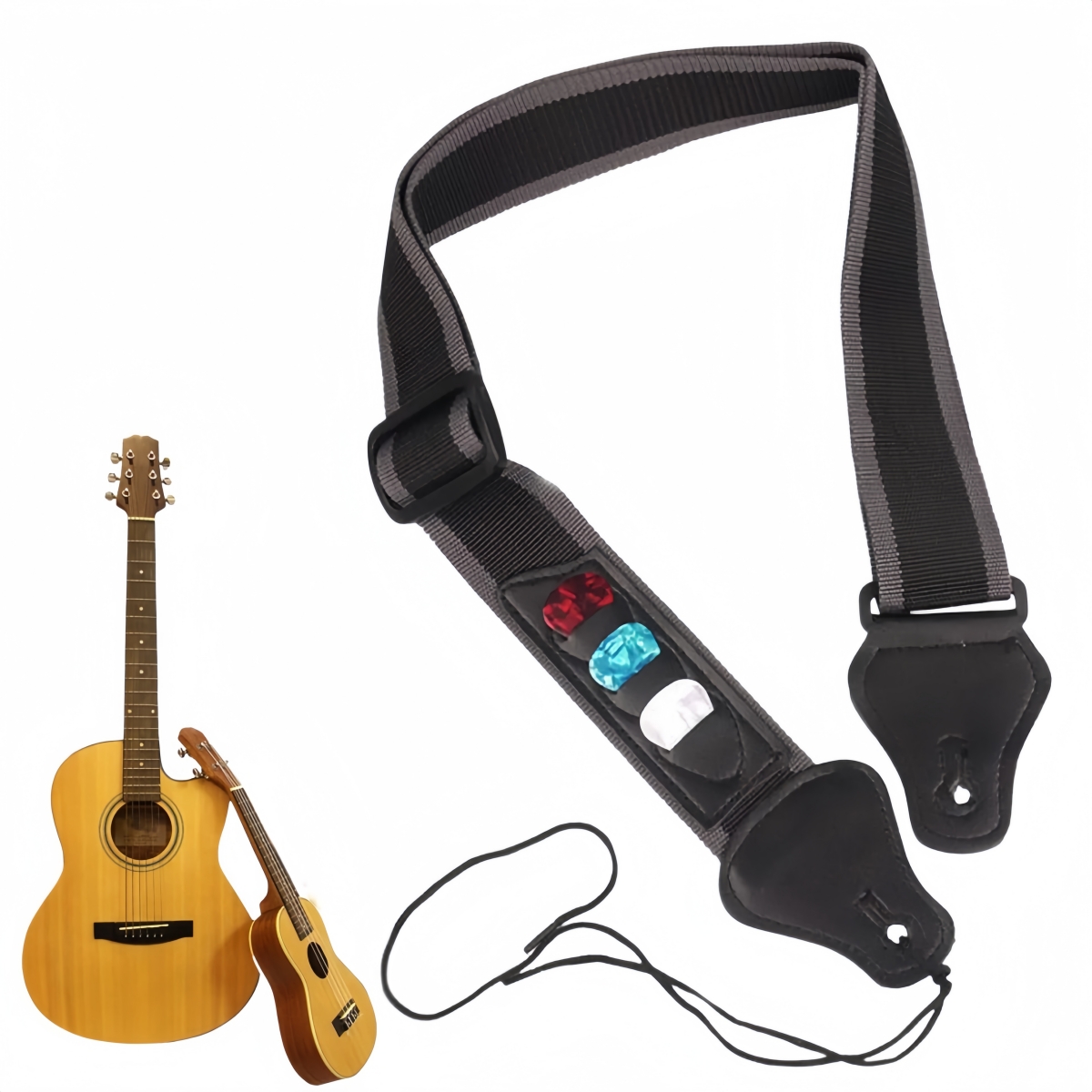 Electric Guitar Pick Pack - Miwayer PU レザーギターストラップ、調節可能なショルダーストラップ、3 つのギターピック付き、電気ベースとアコースティック用の収納バッグホルダー
