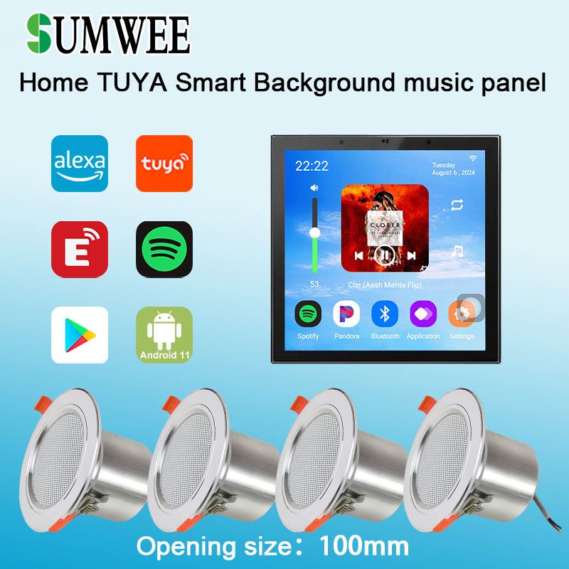 Audio Music In Background - 4インチAndroid 11搭載TuyaスマートホームBluetoothオーディオ、Alexa音声コントロール対応、天井スピーカー付き壁埋め込み型アンプ（バックグラウンドミュージック対応）