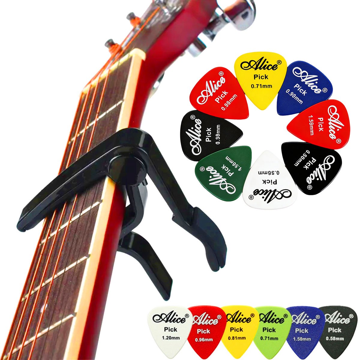 Electric Guitar Pick Pack - ブラックアロイ クイックチェンジ ギターカポ 6ピック付き - アコースティックギターとエレキギターの精密コントロール