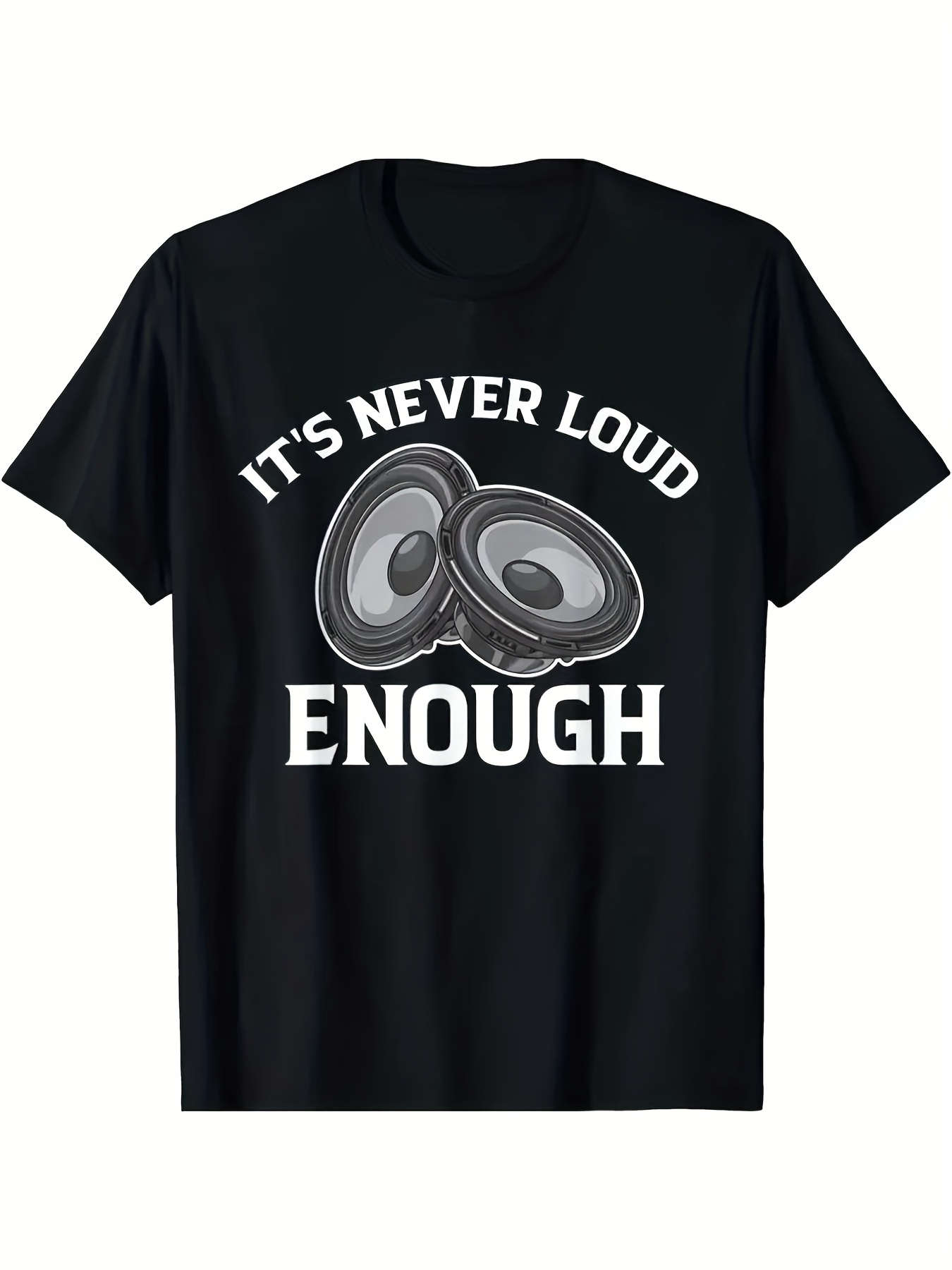 Audio Music Enhancer - メンズ限定版ヴィンテージカーオーディオパターンTシャツ - 「Never Loud Enough」スピーカーデザイン、ソフトな半袖Tシャツ、音楽愛好家、フィットネス、アウトドア活動に最適、オールシーズン対応のカジュアルウェア、サウンドウェーブと低音強化のスローガン入り、DJやカーオーディオ愛好家への理想的なギフト