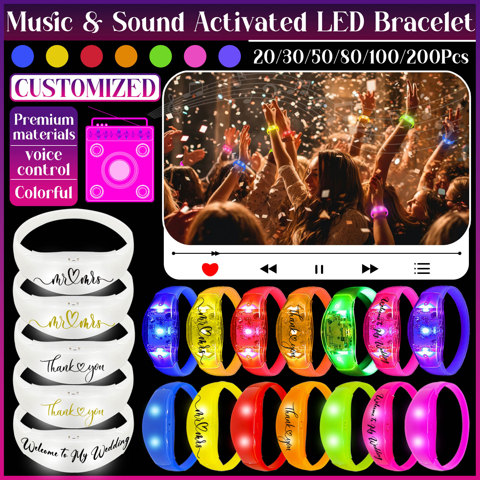 Audio Music Light - 20-200個 音楽と音に反応するLEDブレスレット 光るブレスレット 暗闇で光る ゲスト用 結婚式