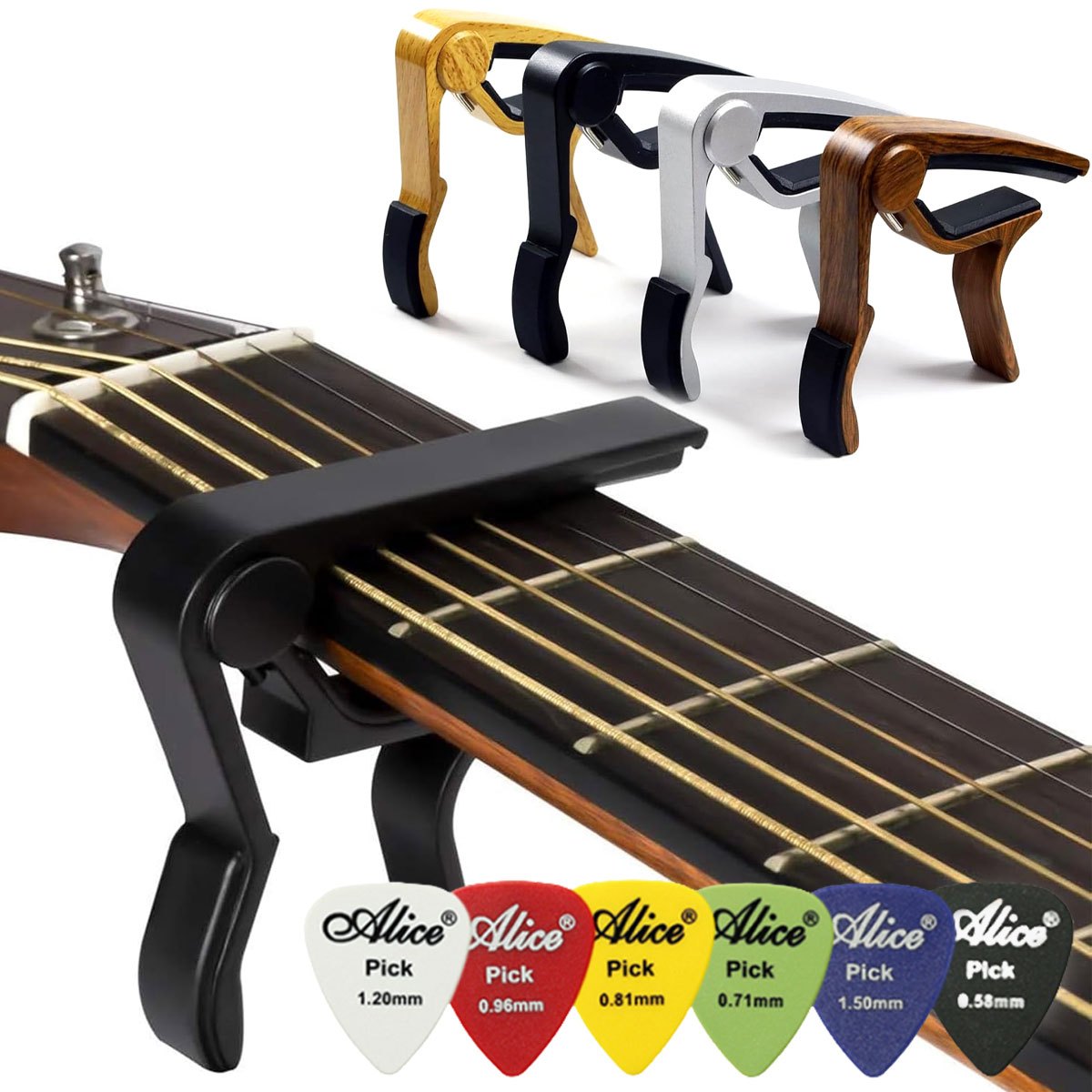 ブラックアロイ クイックチェンジ ギターカポ 6ピック付き  - Electric Guitar Pick Pack のレビューと価格